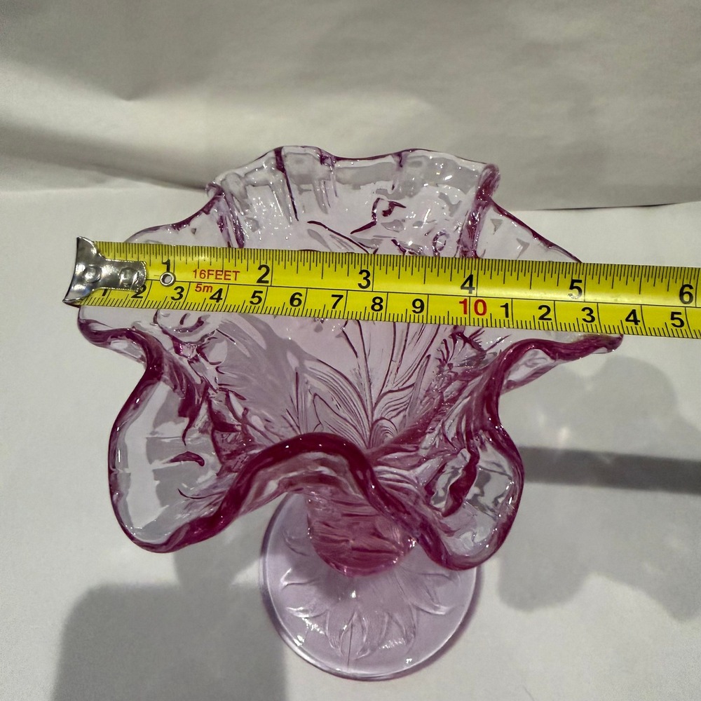 Fenton Empress Rose Pink Glass Vase Daffodil Embossed Ruffled Crimped Footed - Picture 8 of 8
